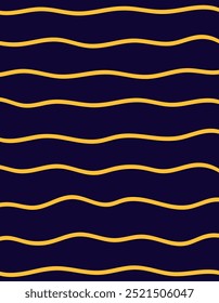 Wavy stripes print background. uneven hand drawn waves vector pattern. Striped abstract template. Cute squiggle streaks texture. yellow bars on dark blue, black backdrop