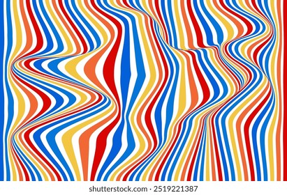 Wavy stripes in red, blue, yellow, orange, and white for vibrant designs. Suitable for graphic design projects, backgrounds, and more.