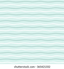 Wavy stripes seamless background. Thin hand drawn uneven waves vector pattern. Striped abstract template. Cute wavy streaks texture. Mint green and white bars.