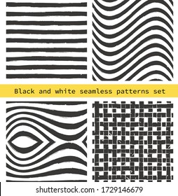 Wavy stripes seamless black and white backgrounds set. Hand drawn waves, zebra, animal pattern. Striped abstract template. Geometric   streaks texture. Grunge distressed design. Vector illustration.