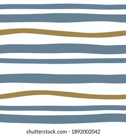 Patrón de rayas onduladas sin fisuras. Líneas de libertad de color azul marrón sobre blanco. Fondo de las olas de la línea horizontal dibujada a mano. Diseño de tejido de plantilla abstracto a rayas. Estira la ilustración vectorial de textura