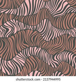 Wavy stripes seamless pattern. Curved lines abstract geometric textured. Dynamic rippled background. Psychedelic rendered repeat curves for fashion, textile, decor.