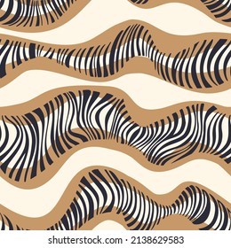 Wavy stripes seamless pattern. Curved lines abstract geometric textured. Dynamic rippled background. Psychedelic rendered repeat curves for fashion, textile, decor.