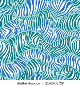 Patrón de rayas onduladas sin fisuras. Líneas curvadas con textura geométrica abstracta. Fondo dinámico rizado. Curvas repetidas sicodélicas para moda, textil, decoración.