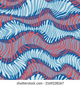 Patrón de rayas onduladas sin fisuras. Líneas curvadas con textura geométrica abstracta. Fondo dinámico rizado. Curvas repetidas sicodélicas para moda, textil, decoración.