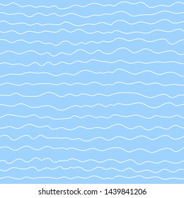 Wavy stripes seamless pattern. Hand drawn white uneven line on blue background.