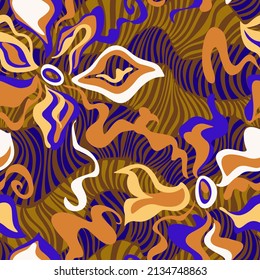 Wavy stripes seamless pattern mixed with curved, twisted, rounded fractal shapes. Abstract geometric texture with zebra lines. Modern intricate rippled background. Activewear fashion design.