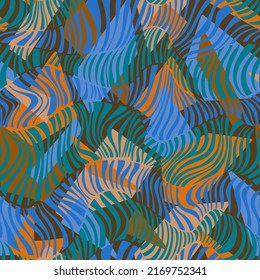 Wavy stripes seamless pattern mixed with polygons. Curved zebra lines abstract geometric texture on simple colored geometric shapes. Dynamic rippled background.