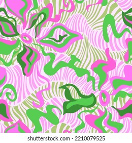 Wavy stripes seamless pattern mixed with curved, twisted, rounded fractal shapes. Abstract geometric texture with zebra lines. Modern intricate rippled background. Activewear fashion design.