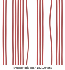 Wavy stripes seamless red and white background. Thin freedom vertical lines. Hand drawn uneven waves pattern. Trendy striped abstract template grunge fabric design. Streaks texture vector illustration