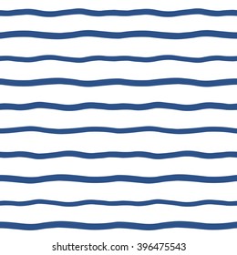 Wavy stripes seamless vector pattern. Free hand drawn uneven bars. Navy blue waves backdrop. Marine striped abstract background. 