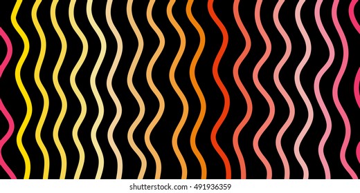wavy stripes vector pattern. Black background with red pink gold yellow and orange rows of waves in abstract pattern. Pattern is seamless on vertical borders.