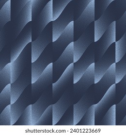 Wavy Stripes Vector Seamless Pattern Trend Dark Blue Stylish Abstract Background. Endless Graphic Rippled Structure Repetitive Wallpaper Subtle Dot Work Texture. Halftone Contemporary Art Illustration