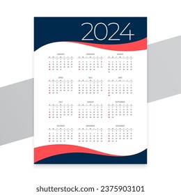 wavy style 2024 new year calendar template for schedule office task vector