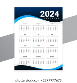 wavy style 2024 new year calendar layout for event planner vector