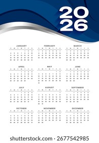 wavy style 2026 calendar layout week starts from monday vector