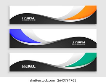 wavy style wide web header template in set of three vector