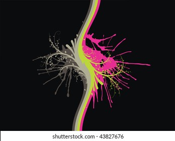 wavy stylish, colorful lines of which are growing branches with leaves on the background of the bending lines blots