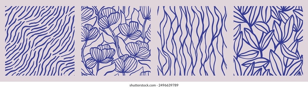 Wavy subtle hand drawn seamless pattern set. Organic elegant beige navy textures for fabric prints with leaves, flowers and curvy dynamic lines. Abstract aesthetic backgrounds.