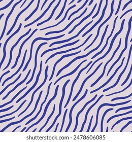 Wavy subtle hand drawn zebra seamless pattern. Organic elegant beige navy animal texture for fabric prints. Abstract aesthetic dynamic tiger striped background.