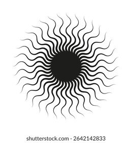 Wavy sun shape. Circular wave icon. Radiating swirl pattern. Vector black silhouette.
