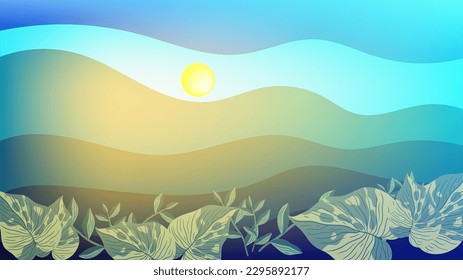 Wavy and sun shine illustration with tropical leaves