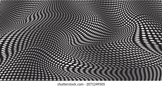 Wavy surface. Abstract 3d black and white illusions. Pattern or background with wavy distortion effect. Vector illustration