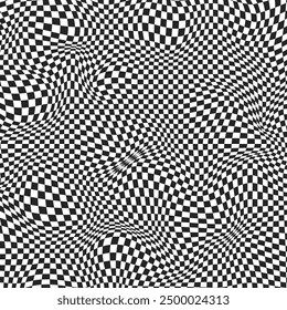 Wavy surface checkered background. Checkerboard warped pattern with geometric graphic. Abstract chess square print. Psychedelic optical illusion. Y2k design for banner. Vector illustration