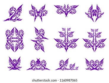 Wavy swan symbols. Stylization of a swan with a wave and the opened wing in the form of the two, butterflies and the decorative symbols formed from him. Abstract dark blue swan set for your design