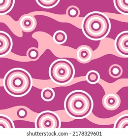 Wavy swirl 1970s style seamless pattern in pink colors. Trendy psychedelic texture for T-shirt, textile, paper, fabric. Groovy geometric vector background for decor and design.



