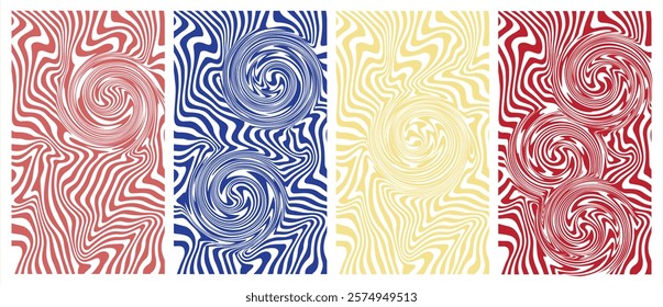 Wavy Swirl Abstract Art, A Colorful Quartet of Op Art Patterns Featuring Red, Blue, and Yellow with Hypnotic Circular Forms and Striated Designs