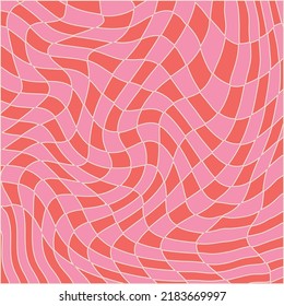 Fondo ondulado Swirl Groovy con colores rojo y rosa. Estilo Setenties, Patrón Hippie, Papel tapiz de ondas psicodélicas distorsionadas. Ilustración de vectores lineales dibujados a mano