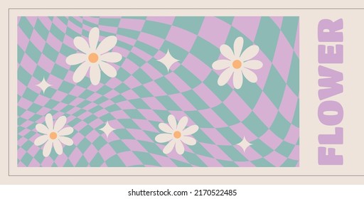 Wavy Swirl Groovy daisy Pattern on purple color. Seventies Style, Hippie Background, Psychedelic wave Wallpaper. Hand Drawn flat Vector Illustration