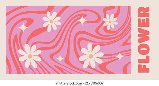 Wavy Swirl Groovy daisy Pattern Set on red and pink colors. Seventies Style, Hippie Background, Psychedelic wave Wallpaper. Hand Drawn flat Vector Illustration
