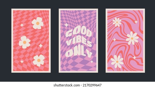 Wavy Swirl Groovy daisy Poster Set. Seventies Style, Hippie Background, Psychedelic wave Pattern. Hand Drawn flat Vector Illustration