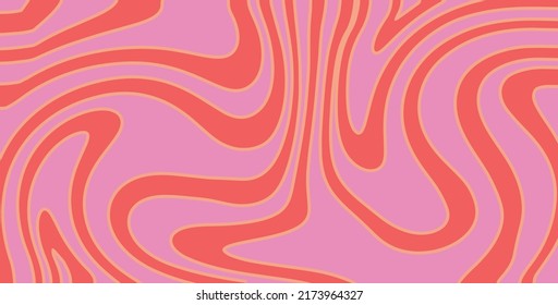 Wavy Swirl Groovy Pattern on red and pink colors. Seventies Style, Hippie Background, Psychedelic wave Wallpaper. Hand Drawn flat Vector Illustration