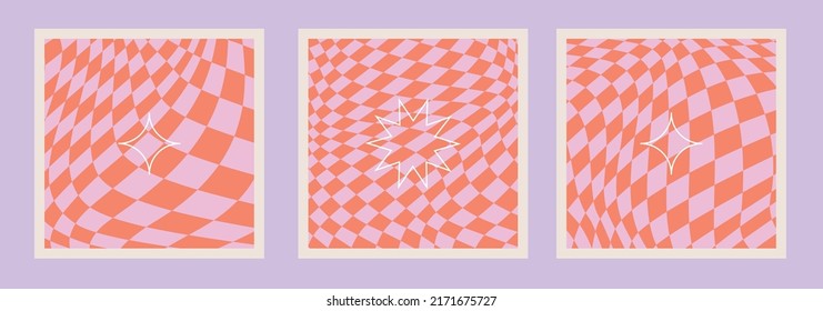 Wavy Swirl Groovy Muster Auf Rot und Rosa gesetzt. 70er-Stil, Hippie-Hintergrund, Psychedelic-Wellenhintergrund. Handgezeichnete flache Vektorgrafik
