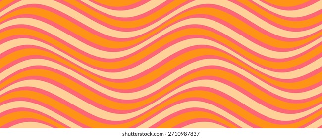 Wavy Swirl Seamless Pattern in Orange and Pink Colors. Hand-Drawn Vector Illustration. Seventies Style, Groovy Background, Wallpaper, Print. Flat Design, Hippie Aesthetic.	