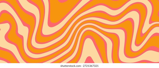 Wavy Swirl Seamless Pattern in Orange and Pink Colors. Hand-Drawn Vector Illustration. Seventies Style, Groovy Background, Wallpaper, Print. Flat Design, Hippie Aesthetic.	