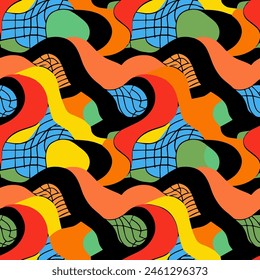 Wavy Swirl Trippy seamless pattern. Geometric bright color funky groovy 90s cartoon isolated print pattern. Vector illustration on black background