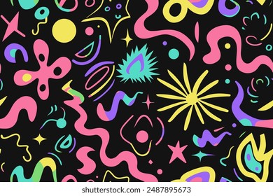 Wavy Swirl Trippy seamless pattern. Geometric bright color funky groovy 90s cartoon isolated print pattern. Vector illustration on black background