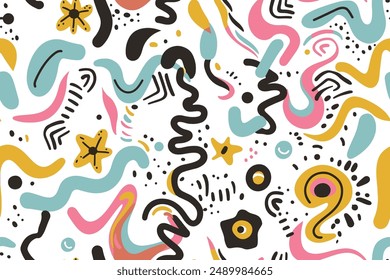  Wavy Swirl Trippy seamless pattern. Geometric bright color funky groovy 90s cartoon isolated print pattern. Vector illustration on white background