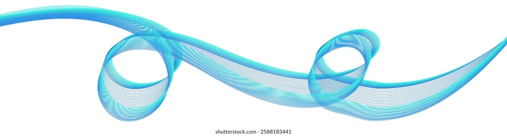 Wavy swirl turquoise ribbon. Blue and teal color flowing,  twisted dynamic lines. Abstract twirl border for design, geometric swoosh. Isolated vector on white background