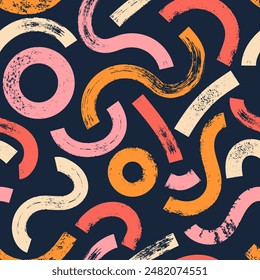 Wavy and swirled bold brush strokes seamless pattern. Hand drawn vector geometric pattern with curved bold lines and circles. Modern print for textile, fabric, wallpaper, wrapping and packaging	