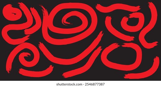 Wavy and swirled bold brush strokes seamless pattern. Hand drawn vector geometric pattern with curved bold lines, circle and rhombus. Children style colored banner. Abstract geometric texture.
