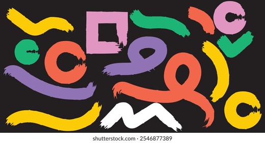 Wavy and swirled bold brush strokes seamless pattern. Hand drawn vector geometric pattern with curved bold lines, circle and rhombus. Children style colored banner. Abstract geometric texture.