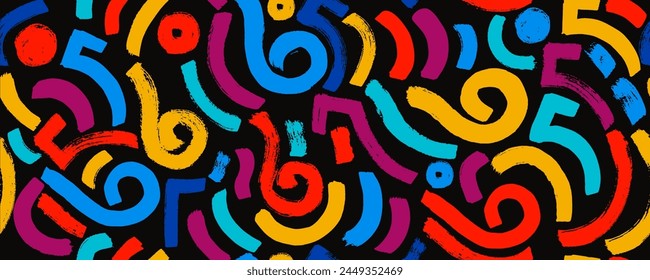 Wavy and swirled brush colorful strokes seamless pattern. Thick and bold texture curved lines. Abstract art background in Memphis style. Geometric grunge pattern with swashes. 