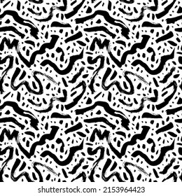 Wavy and swirled brush lines with dots vector seamless pattern. Black paint freehand scribbles, abstract black ink background. Brushstrokes, smears, lines, squiggle pattern. Abstract wallpaper design