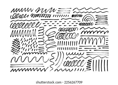 Wavy and swirled brush strokes isolated on white background. Vector scribbled geometric shapes, squiggle lines, messy dots collection. Brush drawn chaotic curly lines. Expressive childish style.