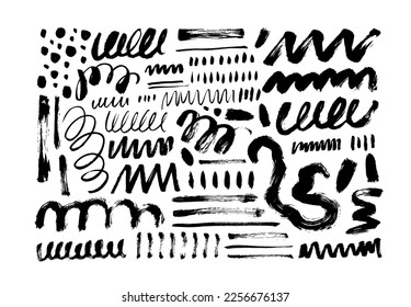 Wavy and swirled brush strokes isolated on white background. Vector scribbled geometric shapes, squiggle lines, messy dots collection. Brush drawn chaotic curly lines. Expressive childish style.